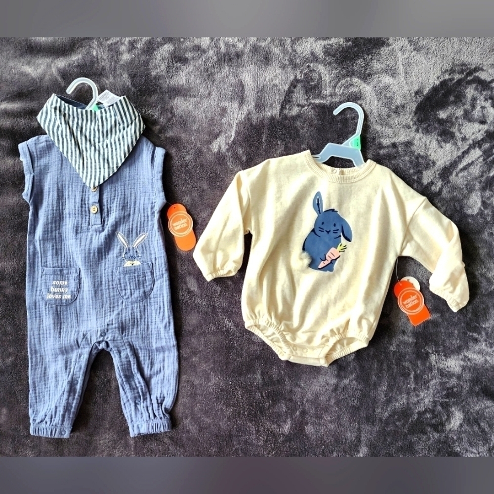 NWT baby boy or girl Easter clothes bundle, romper & Bandana Set and oncie, 12m
